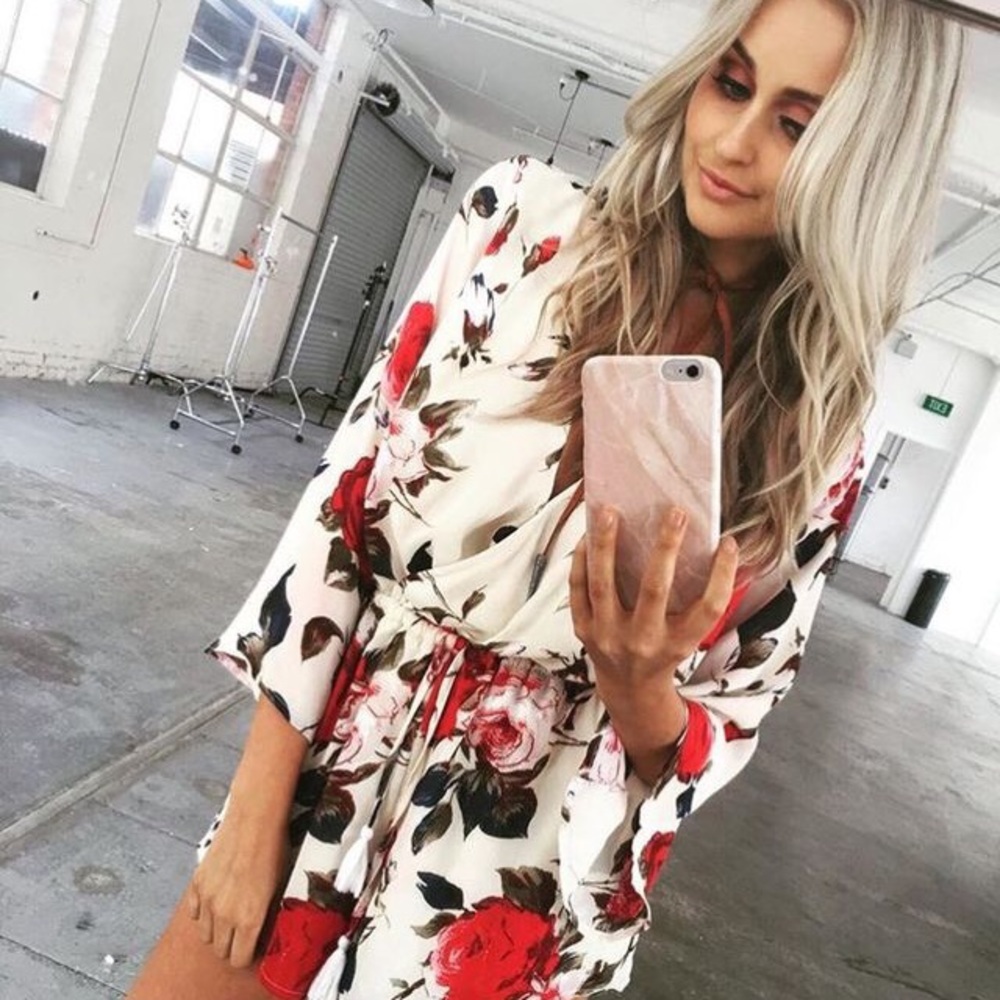Bell Sleeve Rose Floral Deep V Romper - Picture 3 of 6